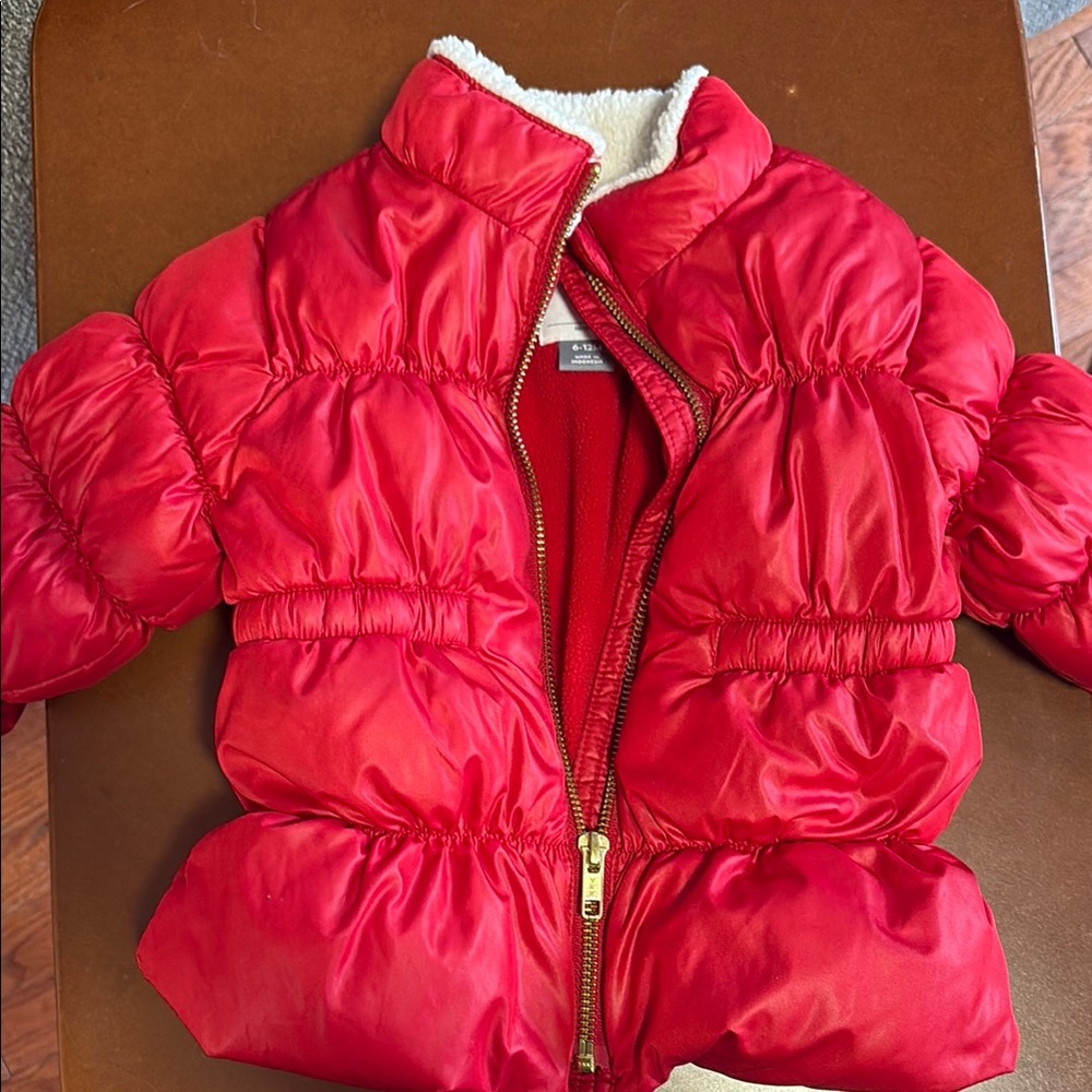 Red Puffer Jacket with Quilted Design and Glossy Finish